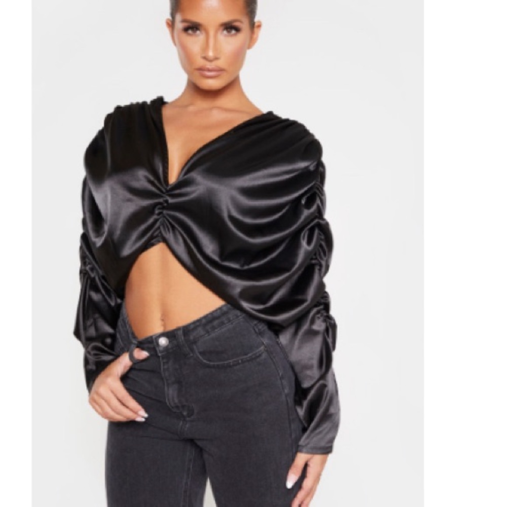 PLT Black Satin Ruched Sleeve Blouse
